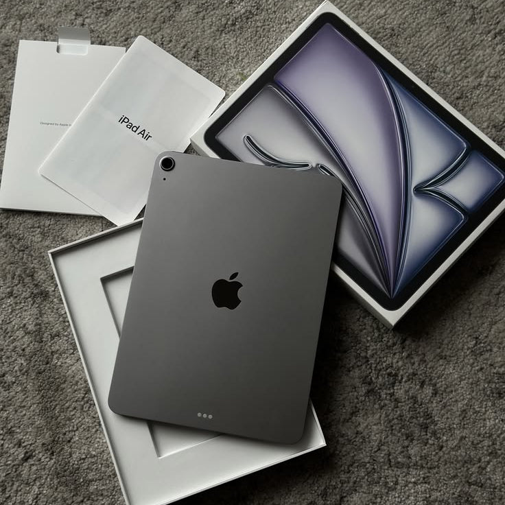 Apple iPad Air Space Gray back view with original box and iPad Air packaging