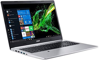 Acer Aspire slim laptop open showing Windows 10 with green splash wallpaper - silver chassis