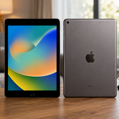 Apple iPad 8th Generation Space Gray front and back view showing iPadOS colorful wallpaper on wooden table