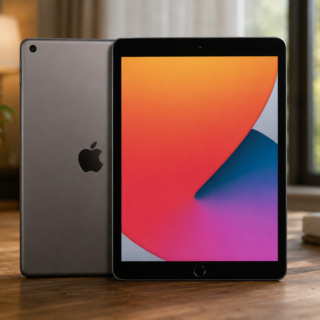 Apple iPad 9th Generation Space Gray front and back view showing iPadOS orange gradient wallpaper on wooden table