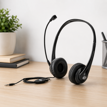 HP DHE-8009 wired headset unboxed on wooden desk showing flexible boom microphone, ear cushions and 3.5mm cable with inline controls