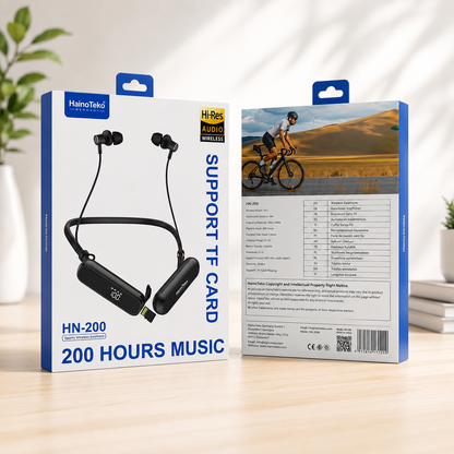 HainoTeko HN-200 neckband wireless earphone original box front and back lifestyle shot on wooden desk with plants in background