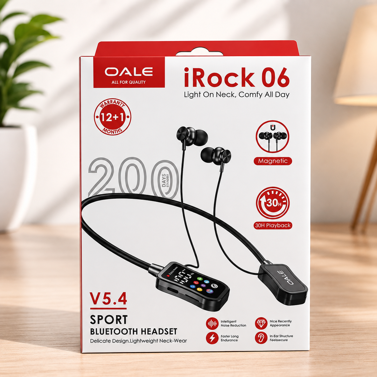 OALE iRock 06 sport Bluetooth 5.4 neckband headset original white and red retail box on wooden desk with plant and lamp in background