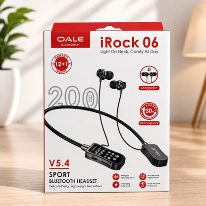 OALE iRock 06 sport Bluetooth 5.4 neckband headset original white and red retail box on wooden desk with plant and lamp in background