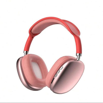 P9 Pro Max wireless headphones pink and red front view on white background showing ear cushions and control buttons